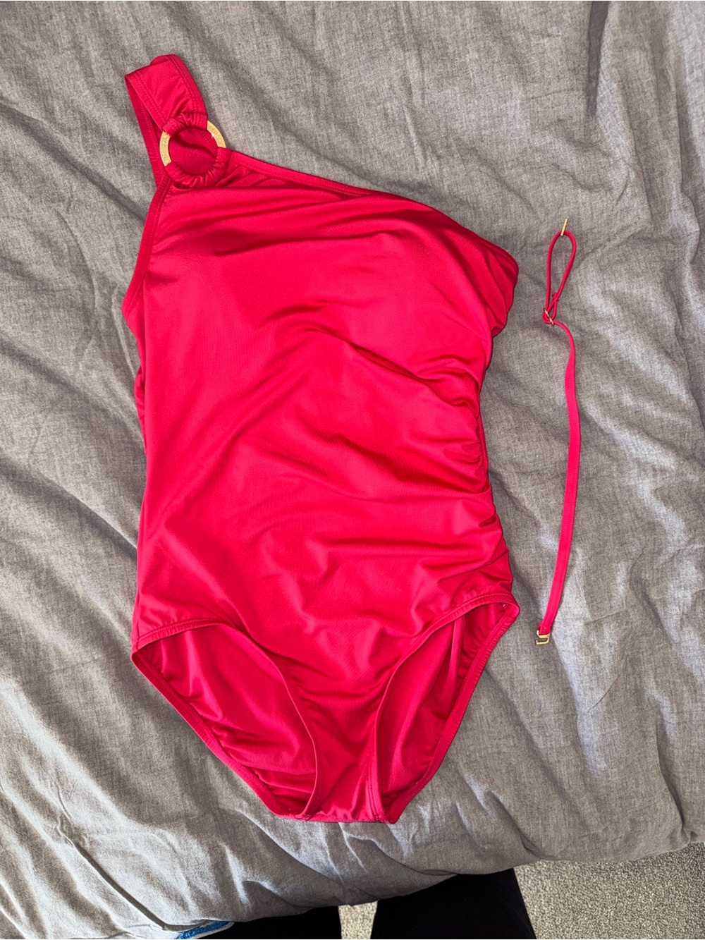 Michael Kors Hot Pink One-Shoulder Swimsuit with Gold Ring Accent
